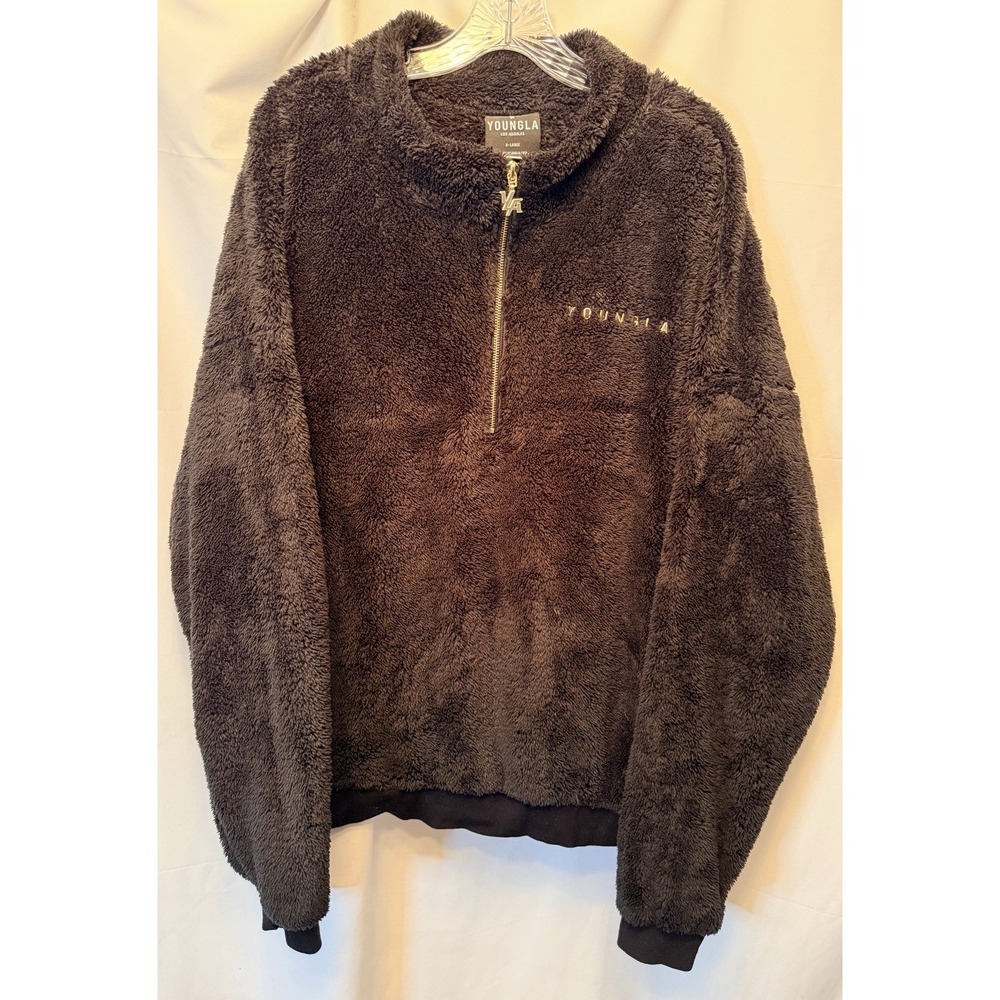 YoungLA Size XL 505 Teddy Fleece 1/4 Zip Pullover Jacket Sweater Black Gold Logo